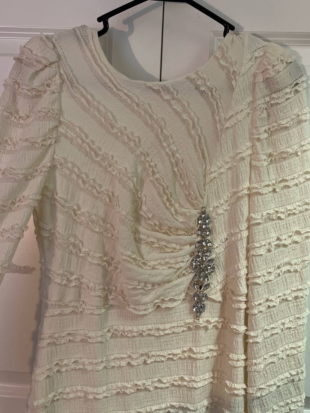 SHEIN Cream Long Sleeve Ruffle Dress with Rhinestone Detail